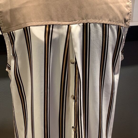 Mystree deep khaki tencel & stripe sleeveless shirt w/button front & back. NWT. - Picture 7 of 11